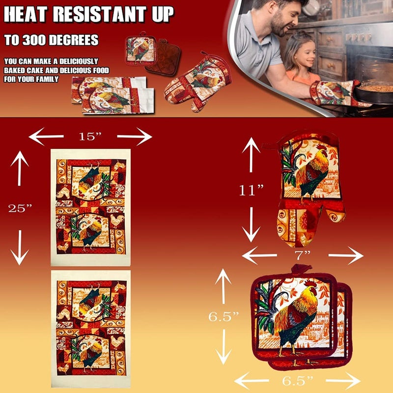 Lobyn Value Packs: Decorative & Functional Rustic Rooster Kitchen Set â€“ 5 Pieces, Perfect for Farmhouse DÃ©cor Set includes 2 Dish Towel 2 Pot Holders 1 Oven Mitt | Kitchen Towel Set for Daily Use - Image 4